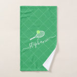 Tennis Green Personalised Name Sports Hand Towel<br><div class="desc">Green and neon yellow-green personalised tennis design kitchen towel with a monogram,  name,  or custom text features a simple elegant feminine calligraphy font with a tennis racket and tennis ball icon and court net background pattern.</div>