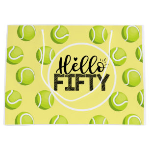 Tennis Happy 50th Birthday with ball on yellow Large Gift Bag