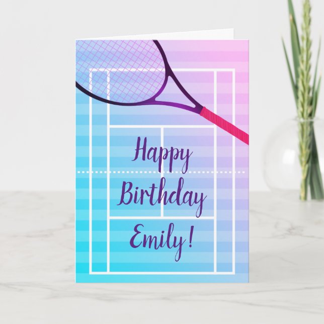 Tennis Happy Birthday Girl Sports Cute Pink Purple Card (Front)