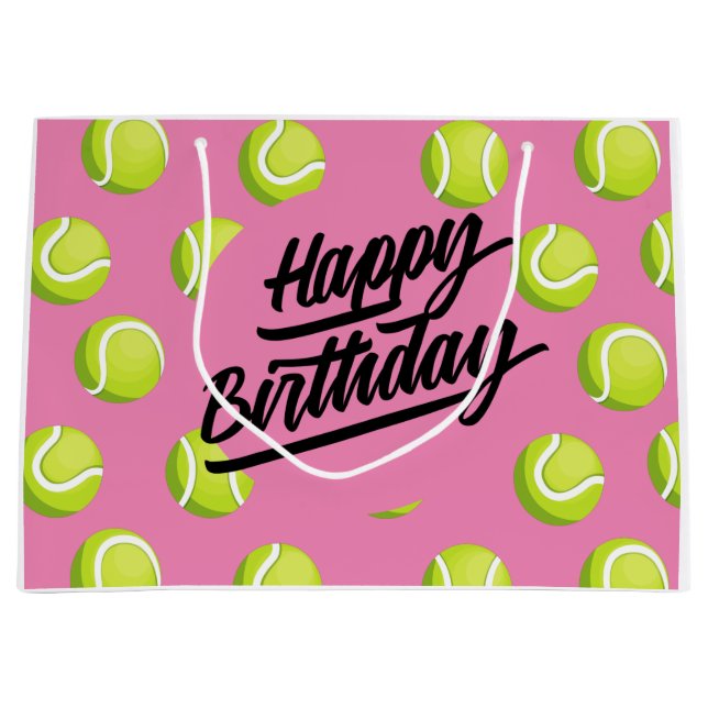 Tennis Happy Birthday with ball on pink  Large Gift Bag (Front)
