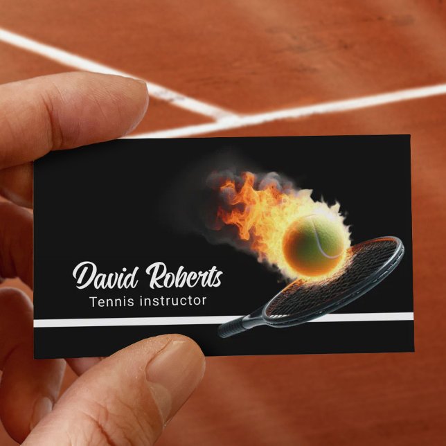 Tennis Instructor Tennis Ball in Fire Plain Black Business Card (Creator Uploaded)