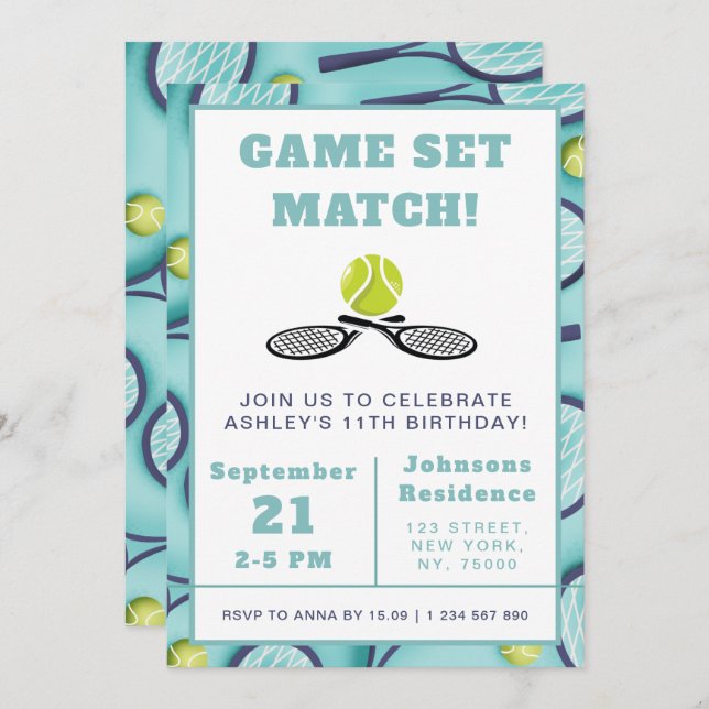 Tennis Kids 11th Birthday Party Sport Theme Racket Invitation (Front/Back)