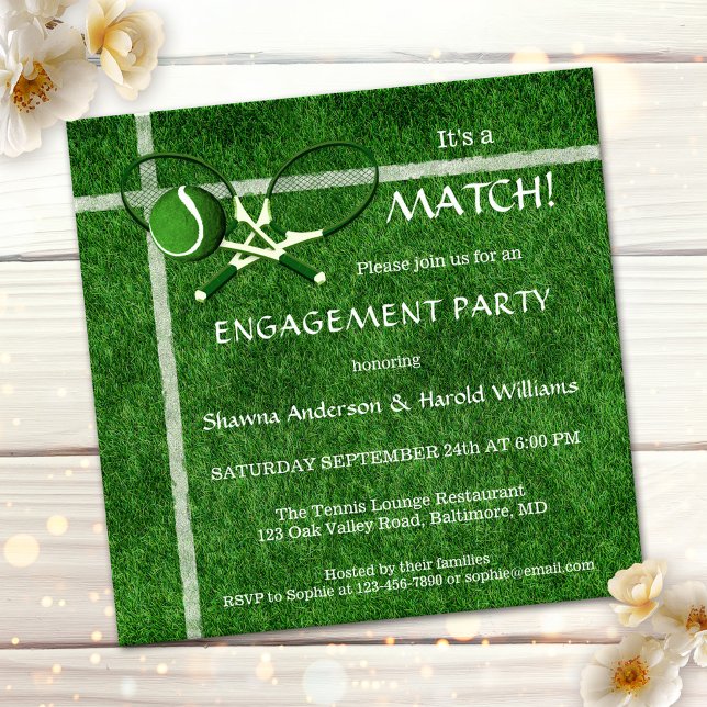 Tennis Match Themed Engagement Party Invitation (Sportive engagement party invitation featuring two tennis rackets on green grass )