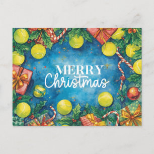 Tennis Merry Christmas  tennis ball on the court H Holiday Postcard