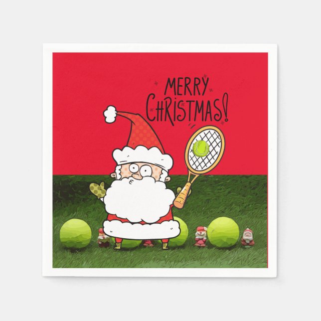Tennis Merry Christmas with ball and Santa Claus Napkin (Front)