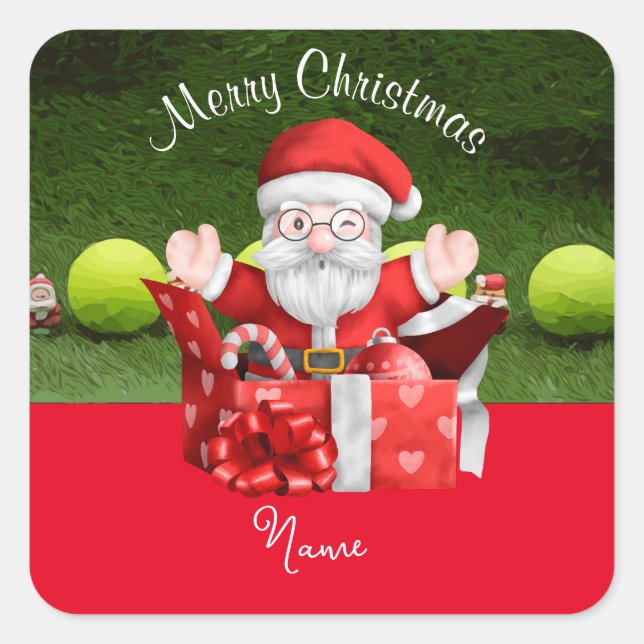 Tennis Merry Christmas with ball and Santa Claus   Square Sticker (Front)