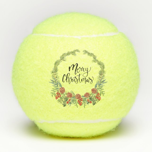 Tennis Merry Christmas with flower wreath Tennis Balls (Front)