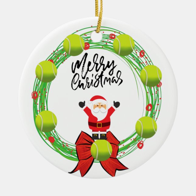 Tennis Merry Christmas with Santa Claus Christmas Ceramic Ornament (Front)