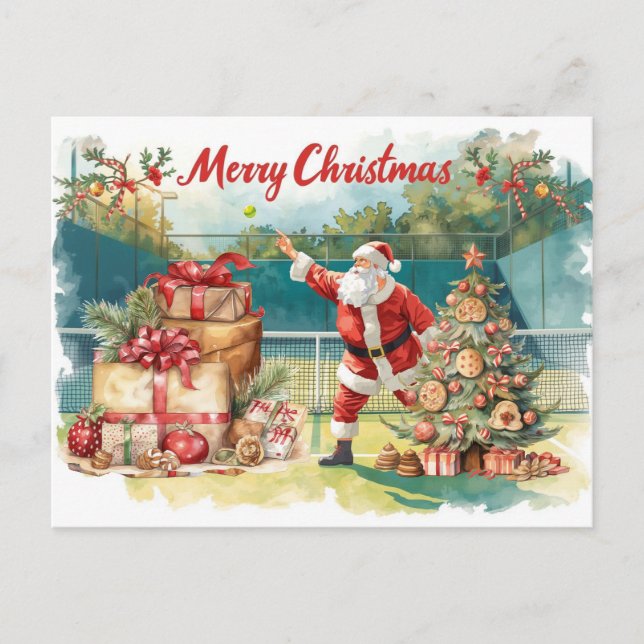 Tennis  Merry Christmas with Santa Claus Holiday Postcard (Front)