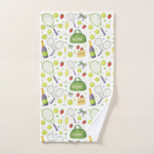 Tennis Mum with racket and Balls and strawberries Hand Towel