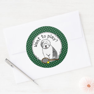 Tennis Old English Sheepdog (Grey 1) Dog Cute Classic Round Sticker