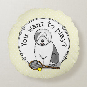 Tennis Old English Sheepdog (Grey 1) Dog Cute Round Cushion