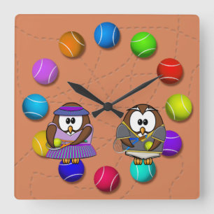 tennis owl square wall clock