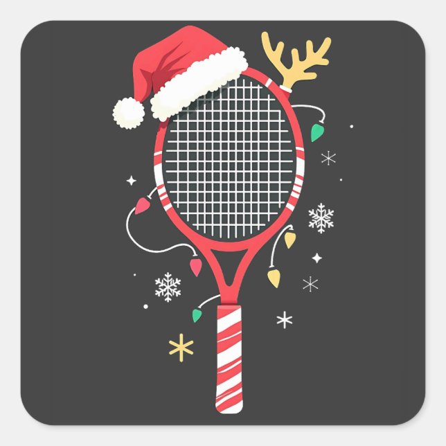 Tennis Paddle with Santa Hat and Christmas Lights Square Sticker (Front)