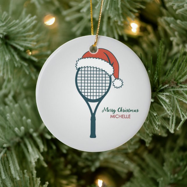 Tennis Paddle with Santa Hat Custom Christmas      Ceramic Ornament (Tree)
