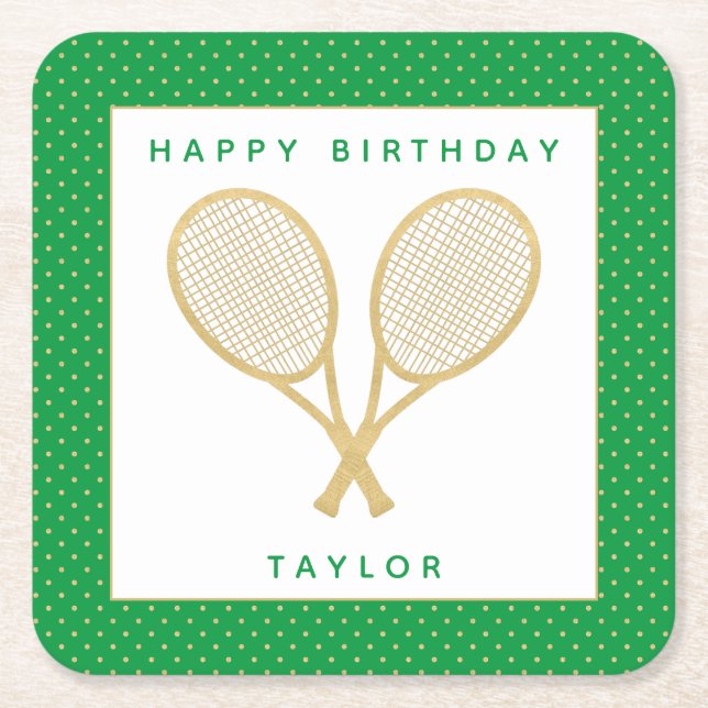 Tennis Party Chic Gold and Green Custom Square Paper Coaster (Front)