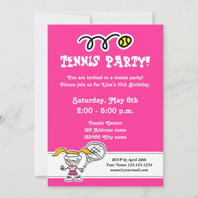 Tennis party invitations for girl's Birthday (Front)