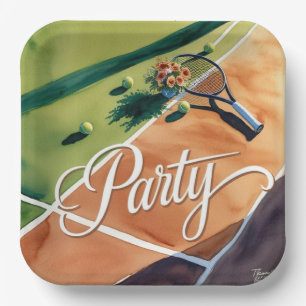 Tennis Party with racket and flowers on the court Paper Plate