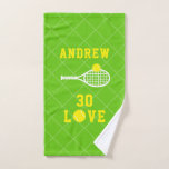Tennis Personalised 30 Love Birthday Sport Hand To Hand Towel<br><div class="desc">30th Birthday "30 Love" Tennis Quote Bright Green and Yellow Personalised Monogram or Custom Text Tennis Design kitchen or sports bag towel with a bold and sporty masculine monogram,  name with tennis racket and ball icon on a faded net background pattern.</div>