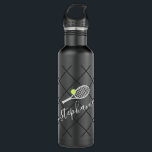 Tennis Personalised Elegant Script Name 710 Ml Water Bottle<br><div class="desc">Black and white personalised black stainless steel water bottle with a tennis racket monogram in an elegant and cute calligraphy script font with a subtle net pattern background.</div>