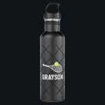 Tennis Personalised Name Modern Black 710 Ml Water Bottle<br><div class="desc">Black and white personalised black stainless steel water bottle with a tennis racket monogram or custom team name text with a subtle net pattern background.</div>