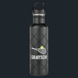 Tennis Personalised Name Modern Black 710 Ml Water Bottle<br><div class="desc">Black and white personalised black stainless steel water bottle with a tennis racket monogram or custom team name text with a subtle net pattern background.</div>
