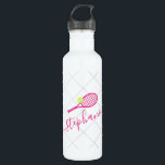 Tennis Personalised Name Pink 710 Ml Water Bottle<br><div class="desc">Pink and white personalised black stainless steel water bottle with a tennis racket monogram in an elegant and cute calligraphy script font with a subtle net pattern background.</div>