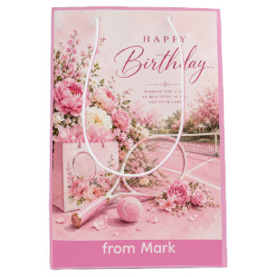 Tennis Pink Themed Happy Birthday Woman Player Medium Gift Bag