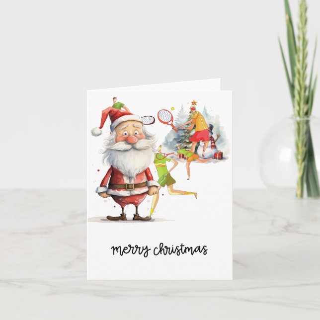 Tennis Player behind Santa Claus for Christmas  Holiday Card (Front)