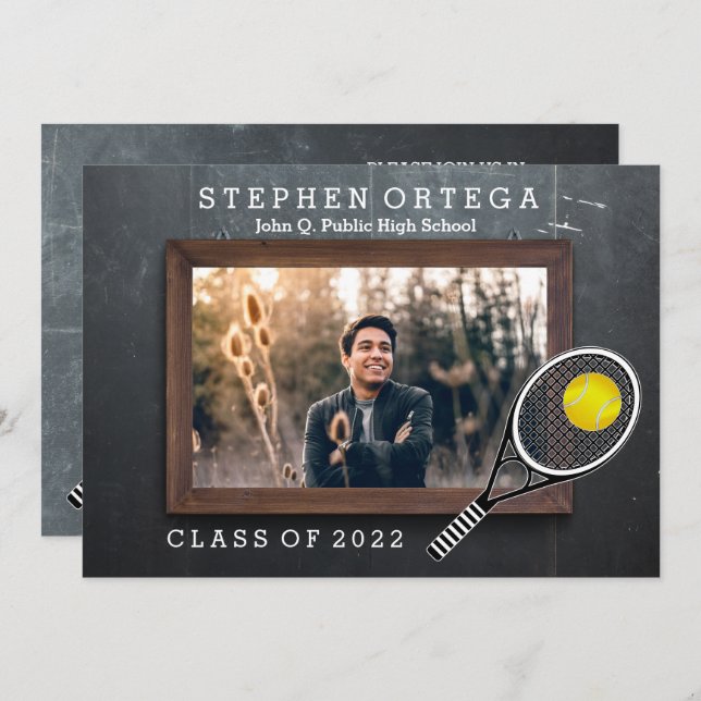 Tennis Player Chalkboard Photo Graduation Invitation (Front/Back)