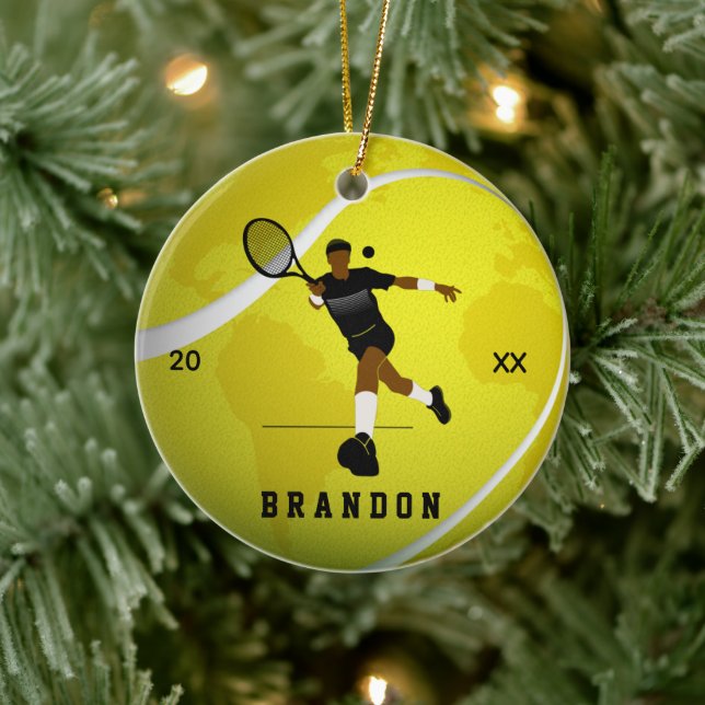 Tennis Player Illustration & Boys Kids Name Year   Ceramic Ornament (Tree)