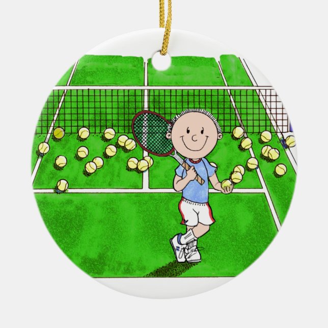 Tennis Player, Male - Personalised Cartoon Ceramic Tree Decoration (Front)