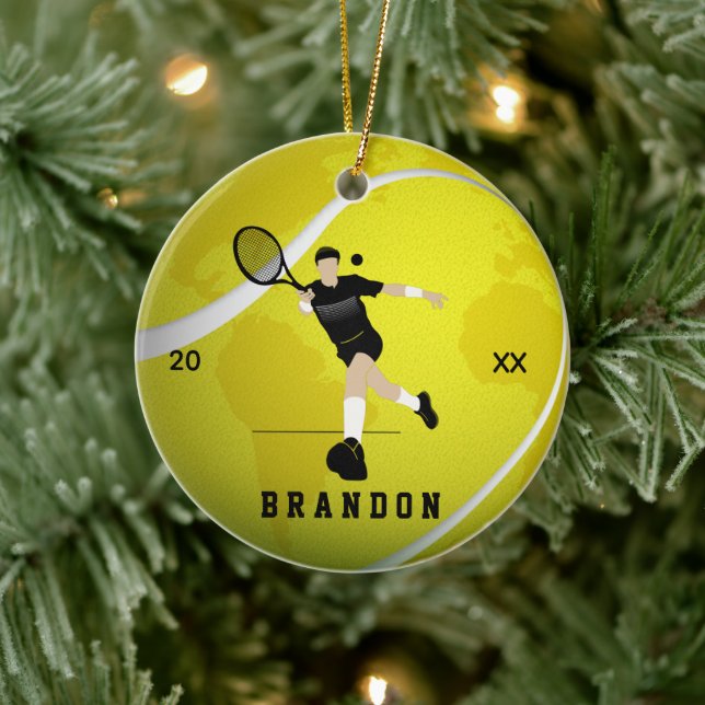 Tennis Player Silhouette Name & Year Earth Ball Ceramic Ornament (Tree)