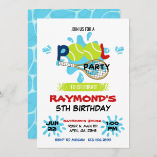 Tennis Pool Party Birthday  Invitation