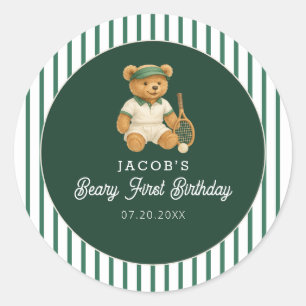 Tennis Preppy Bear 1st Birthday Classic Round Sticker