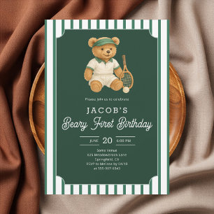 Tennis Preppy Bear 1st Birthday Invitation