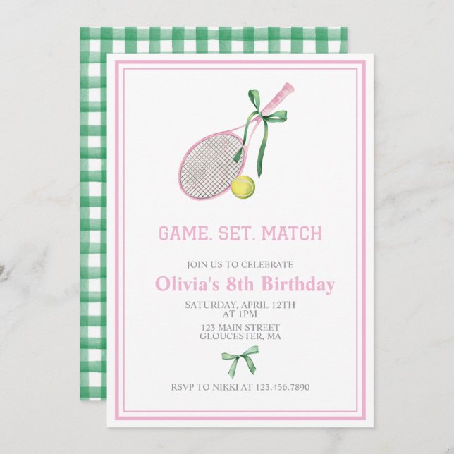 Tennis preppy plaid birthday invitation (Front/Back)