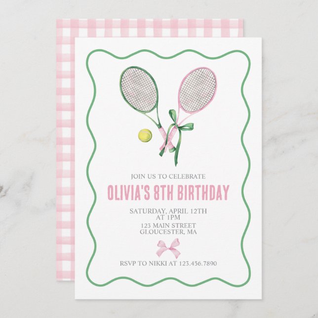 Tennis preppy plaid birthday invitation (Front/Back)