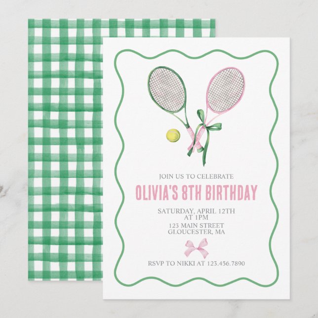 Tennis preppy plaid birthday invitation (Front/Back)