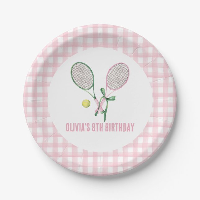 Tennis preppy plaid birthday invitation paper plate (Front)