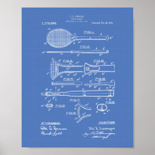 Tennis Racket 1916 Patent Art - Blueprint Poster