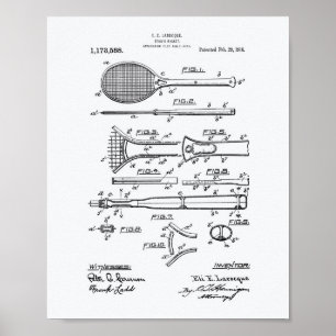 Tennis Racket 1916 Patent Art - White Paper Poster