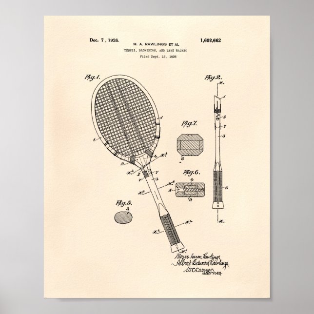 Tennis Racket 1925 Patent Art Old Peper Poster (Front)