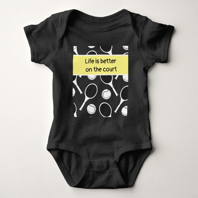 Tennis racket and ball black ink on black  baby bodysuit (Front)