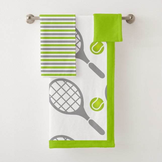 Tennis racket and ball, border and stripes bath towel set (Insitu)