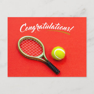 Tennis racket and ball congratulations on red postcard