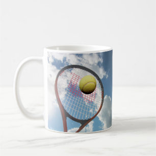 Tennis Racket and Ball in th Air, Blue Cloudy Sky Coffee Mug