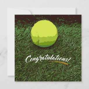 Tennis racket and ball on green congratulations