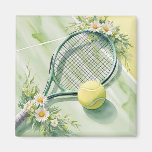 Tennis Racket and Flower Watercolor Magnet