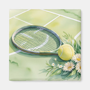 Tennis Racket and Flower Watercolor Magnet